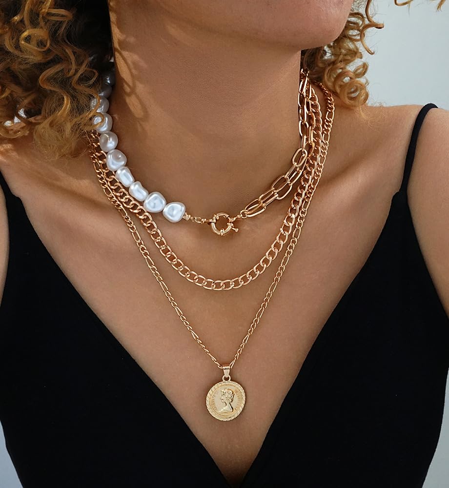 Vintage Gold Layered Necklaces for Women Trendy, Chunky Cuban Link Paperclip Chains Necklace Stack, Lock Coin Pearl Pendant Necklace Set Jewelry Gifts - Image 3