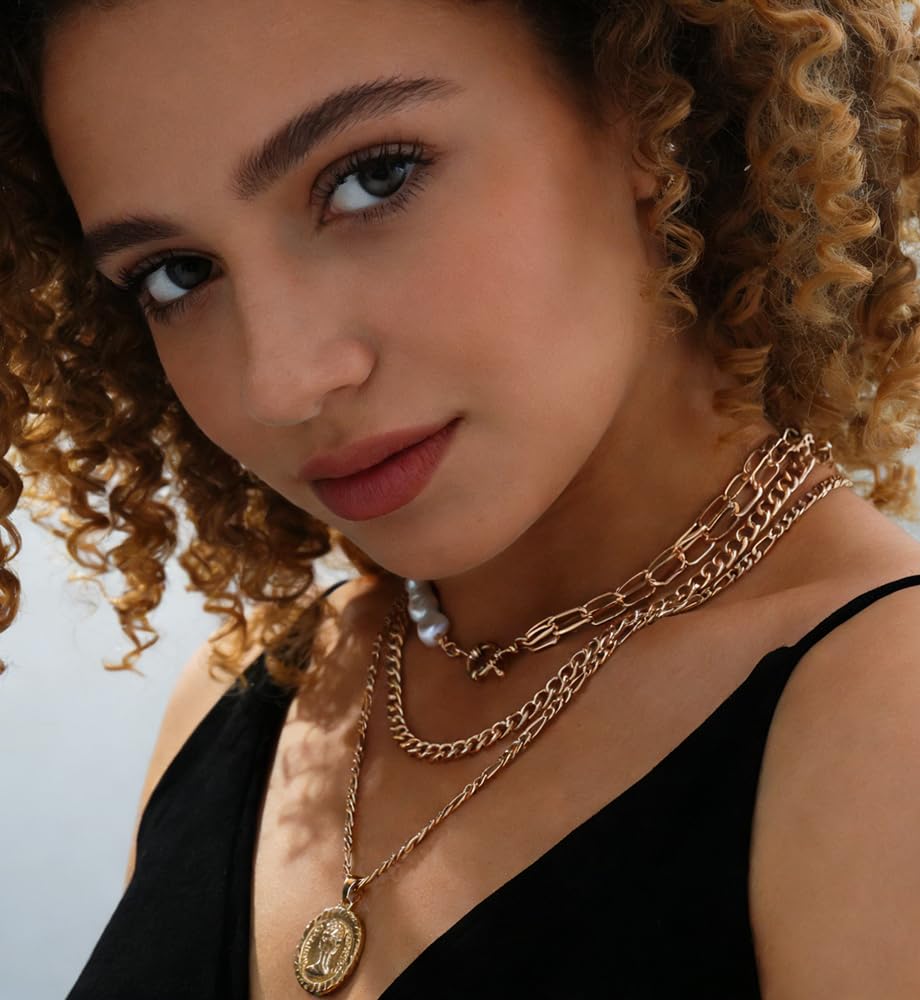 Vintage Gold Layered Necklaces for Women Trendy, Chunky Cuban Link Paperclip Chains Necklace Stack, Lock Coin Pearl Pendant Necklace Set Jewelry Gifts - Image 4