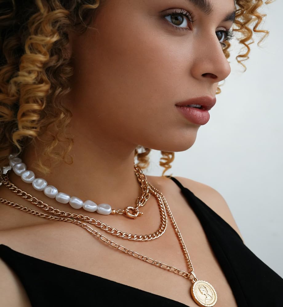 Vintage Gold Layered Necklaces for Women Trendy, Chunky Cuban Link Paperclip Chains Necklace Stack, Lock Coin Pearl Pendant Necklace Set Jewelry Gifts - Image 5