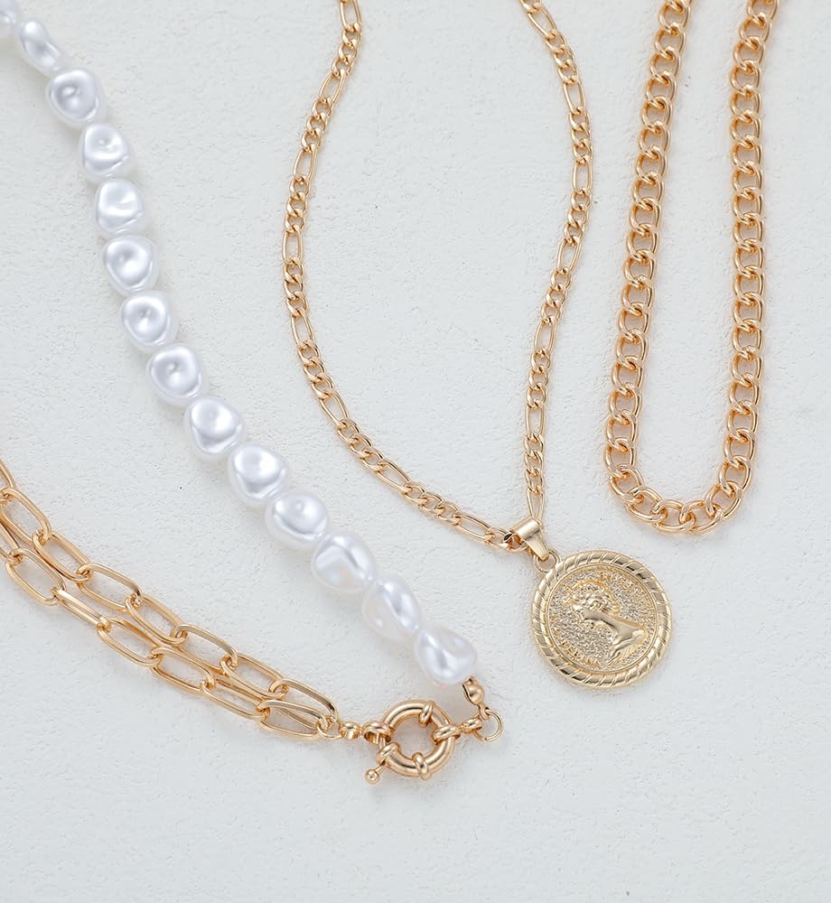 Vintage Gold Layered Necklaces for Women Trendy, Chunky Cuban Link Paperclip Chains Necklace Stack, Lock Coin Pearl Pendant Necklace Set Jewelry Gifts - Image 7
