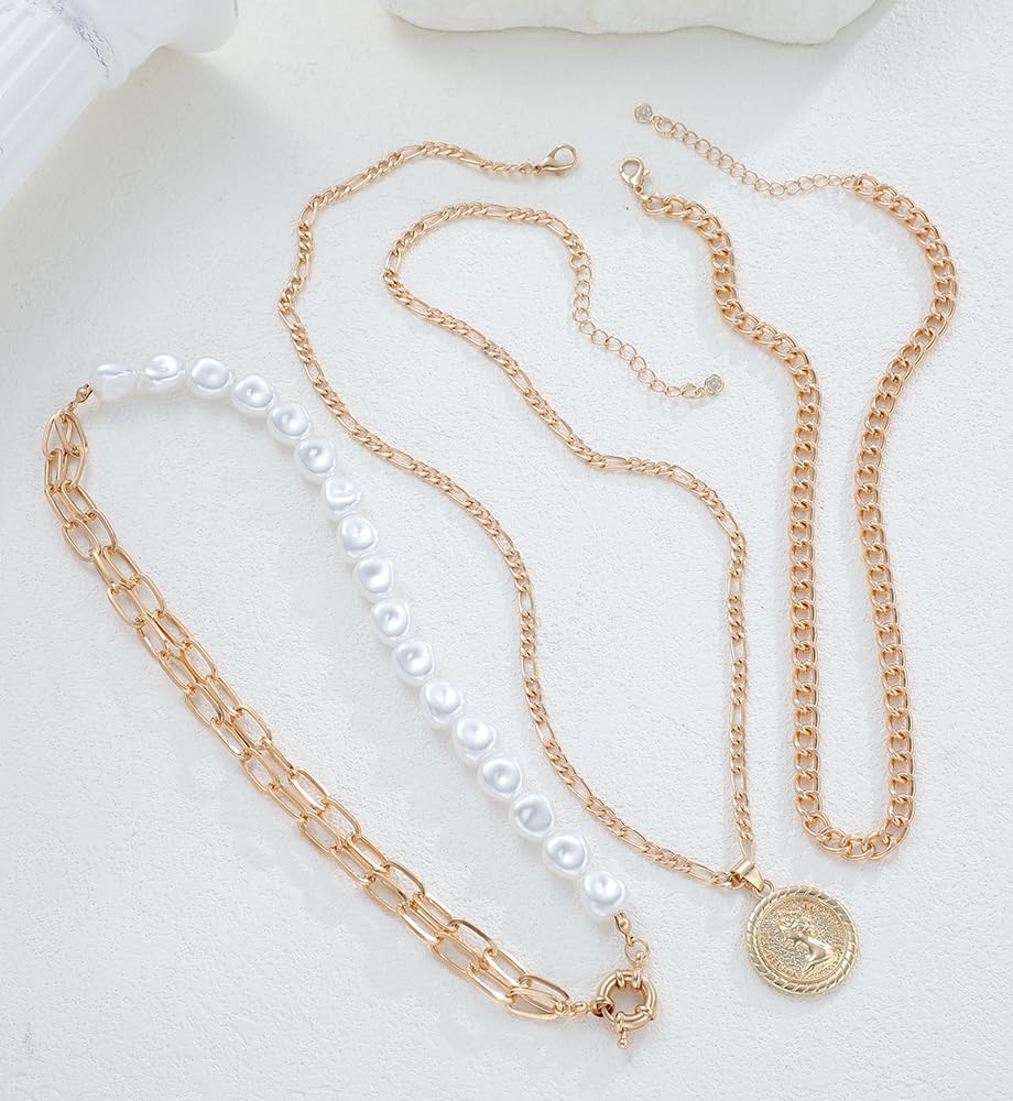Vintage Gold Layered Necklaces for Women Trendy, Chunky Cuban Link Paperclip Chains Necklace Stack, Lock Coin Pearl Pendant Necklace Set Jewelry Gifts - Image 8