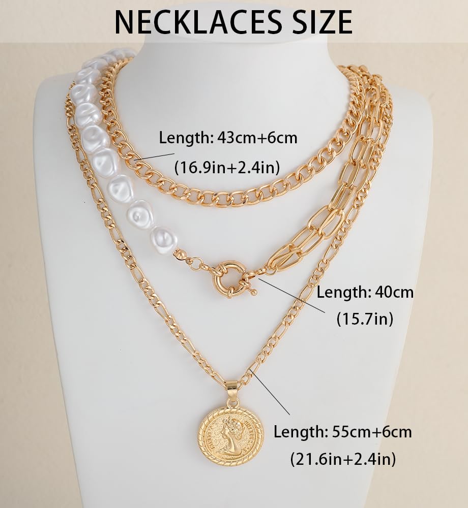 Vintage Gold Layered Necklaces for Women Trendy, Chunky Cuban Link Paperclip Chains Necklace Stack, Lock Coin Pearl Pendant Necklace Set Jewelry Gifts - Image 9
